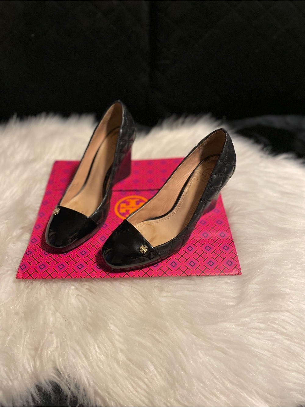 Tory Burch Black Quilted Leather Cap-Toe Pumps with Gold Logo